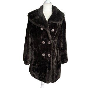Vintage 70s Double Breasted Faux Fur Coat Large Buttons Pockets Orange Lining